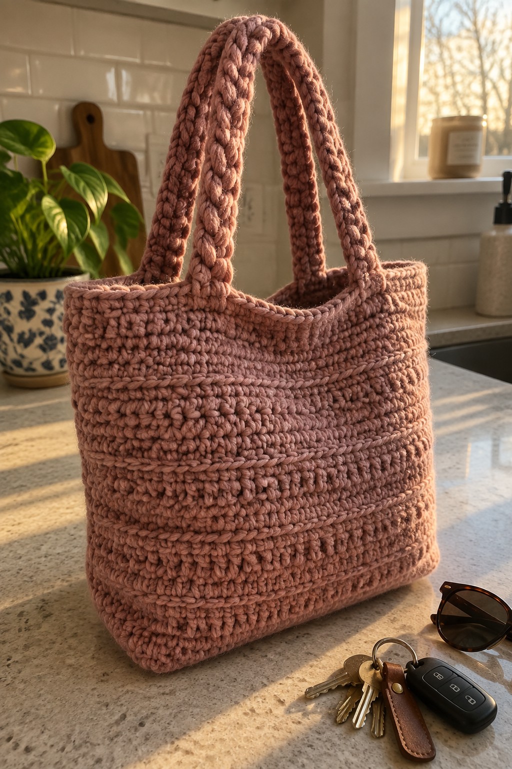 Pink crocheted tote bag with braided handles beside keys and sunglasses on kitchen counter