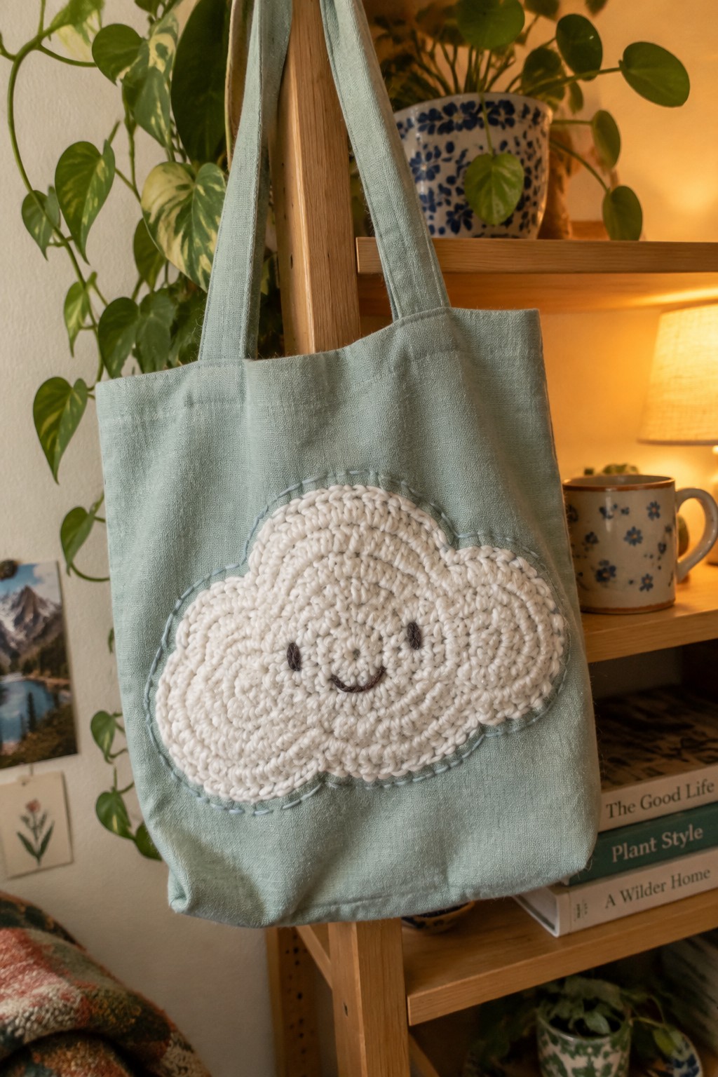 Mint green tote bag with white crocheted smiling cloud on wooden ladder shelf