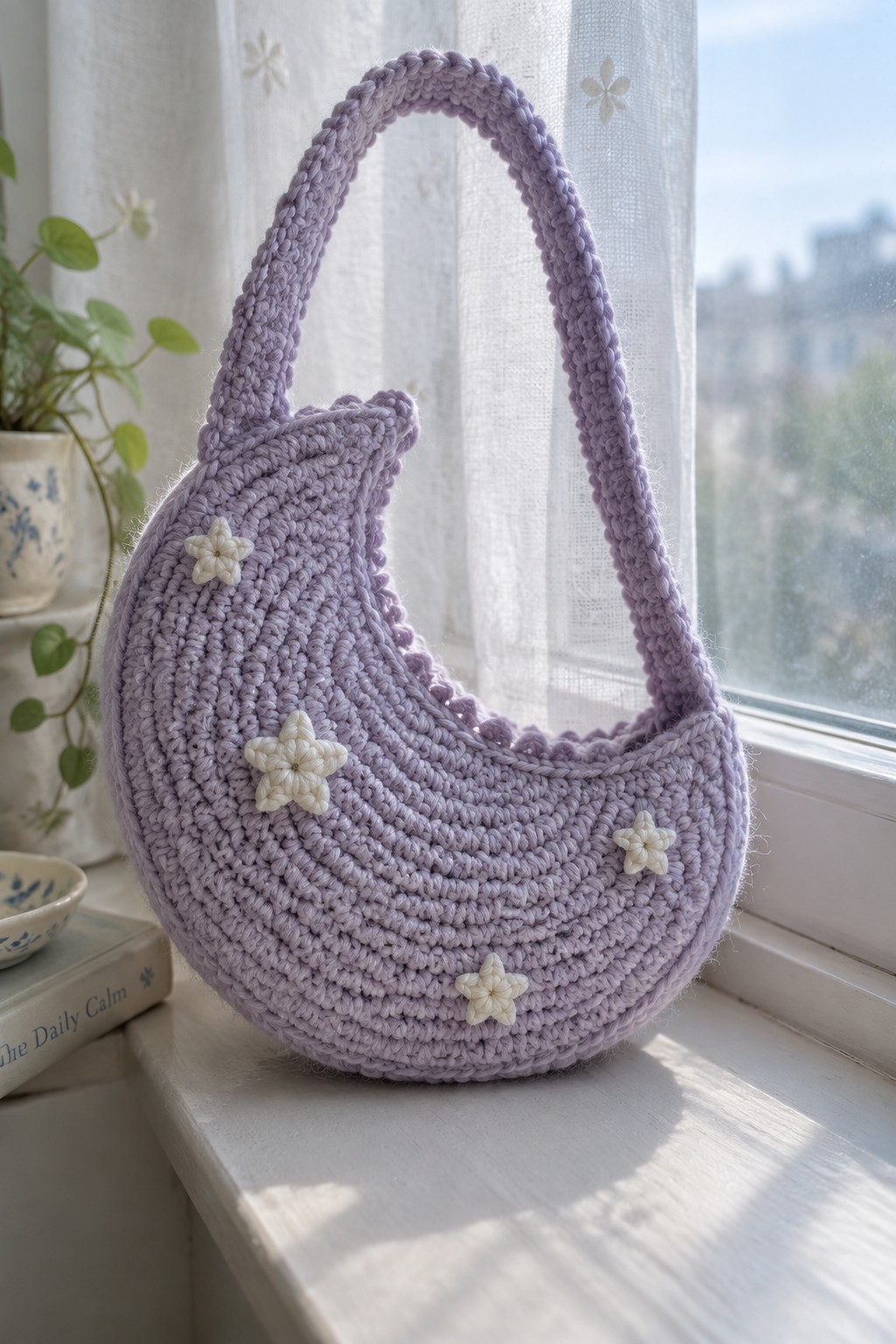 Lavender crocheted crescent moon bag with white stars on sunny windowsill