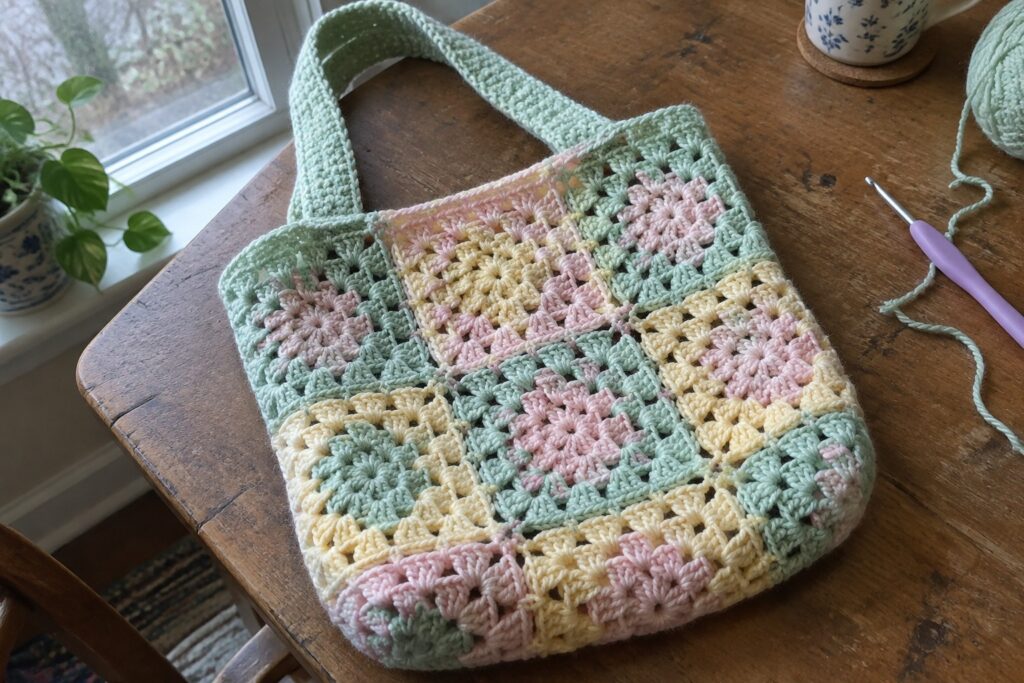 19 Stylish Crochet Tote Bags for Books, Work, and Daily Carrying Pastel granny square crocheted tote bag on wooden table with hook and yarn