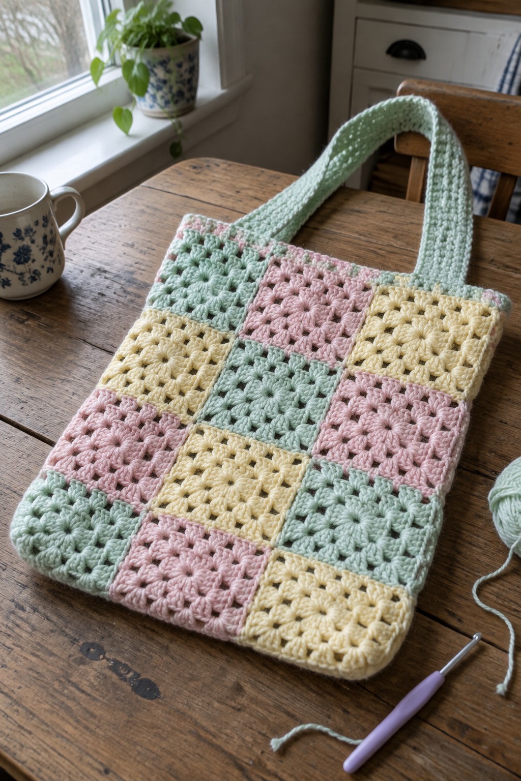 Pastel granny square crocheted tote bag on wooden table with hook and yarn