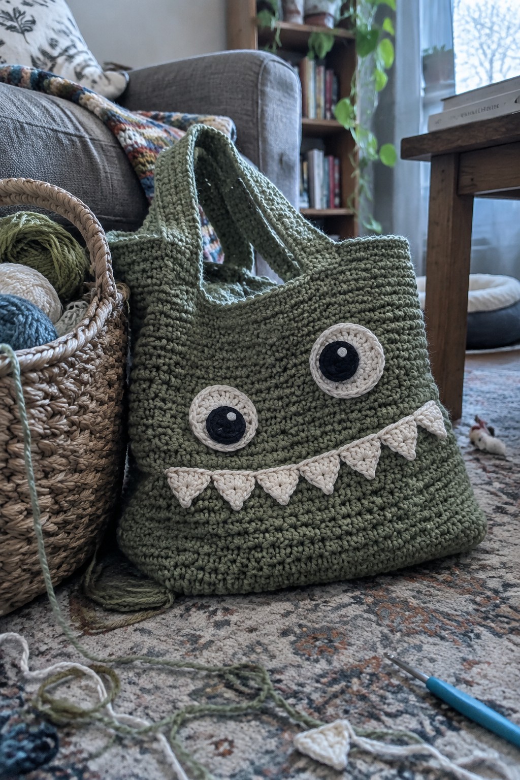 Green crocheted monster bag with big eyes and teeth beside yarn basket on rug