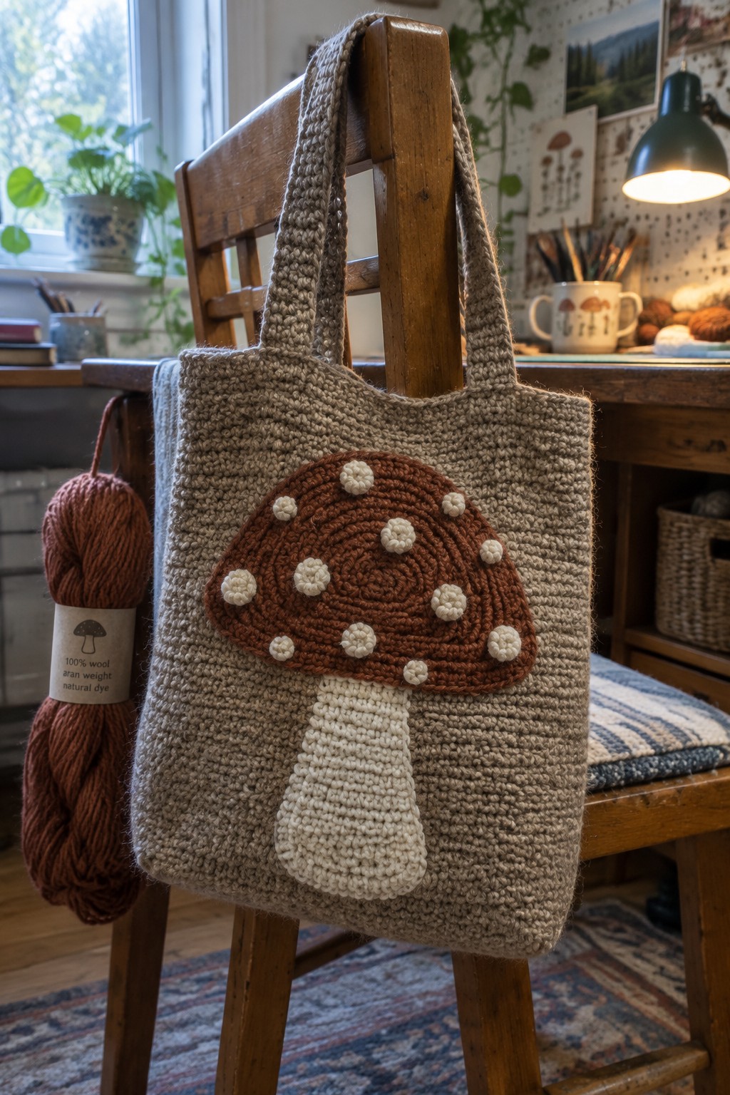A beige crocheted tote bag with a large brown mushroom appliqué hangs on a wooden chair next to two skeins of brown yarn.