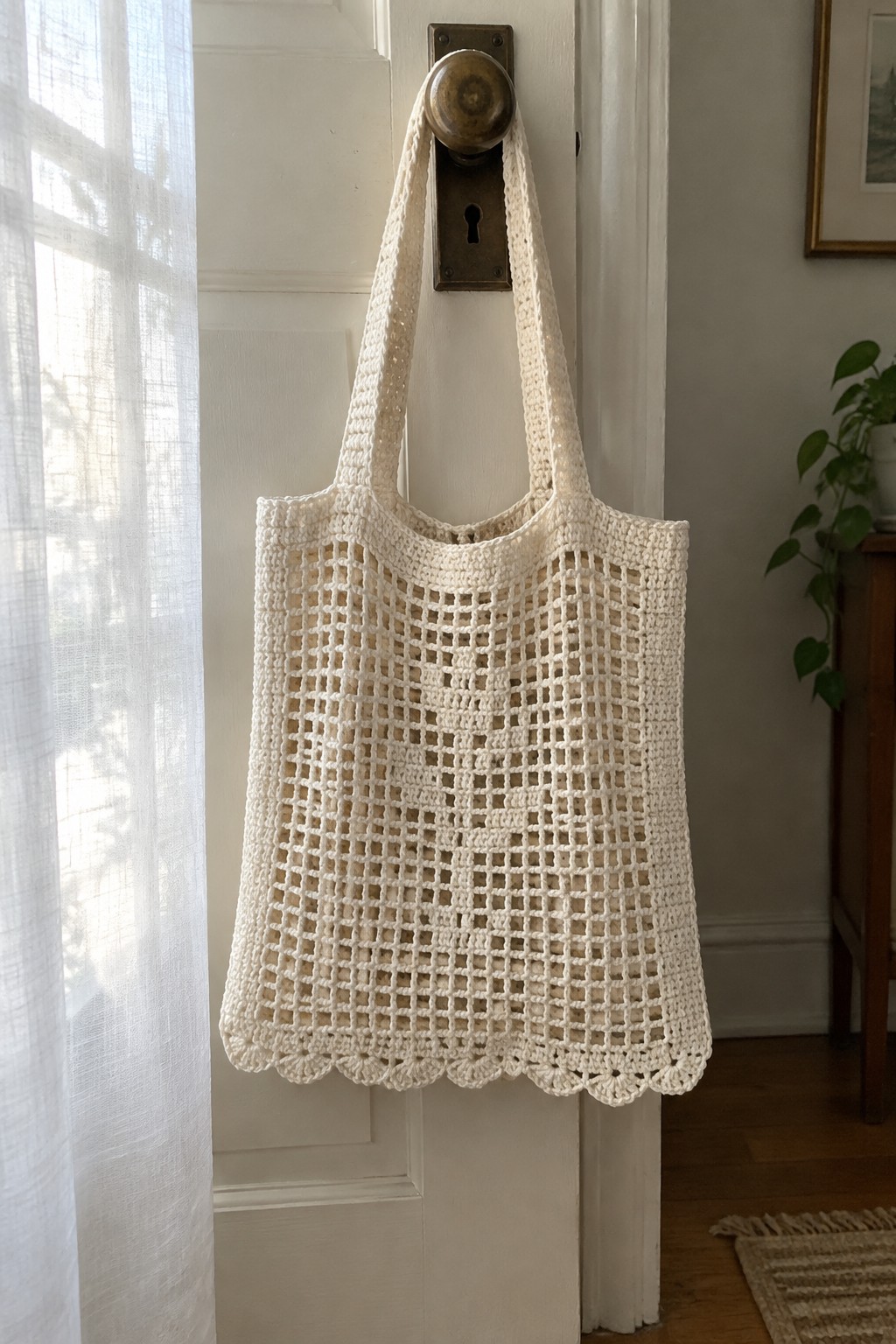 White crocheted mesh tote bag with scalloped edge on brass doorknob.