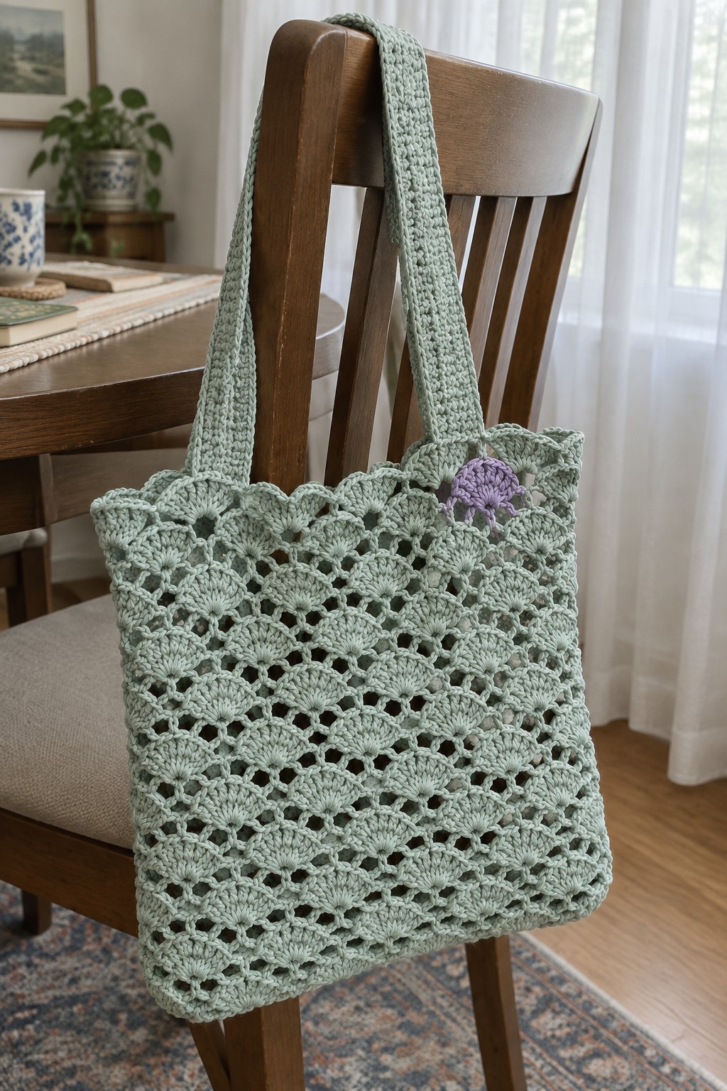 Light green lacy crochet tote bag with purple flower on wooden chair