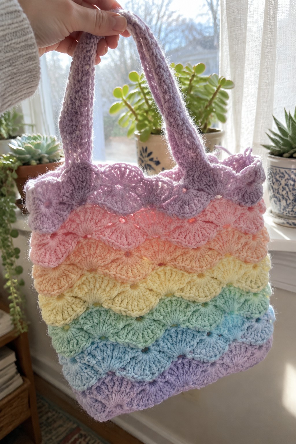 Hand holding pastel rainbow crocheted handbag with scalloped edges by sunny window