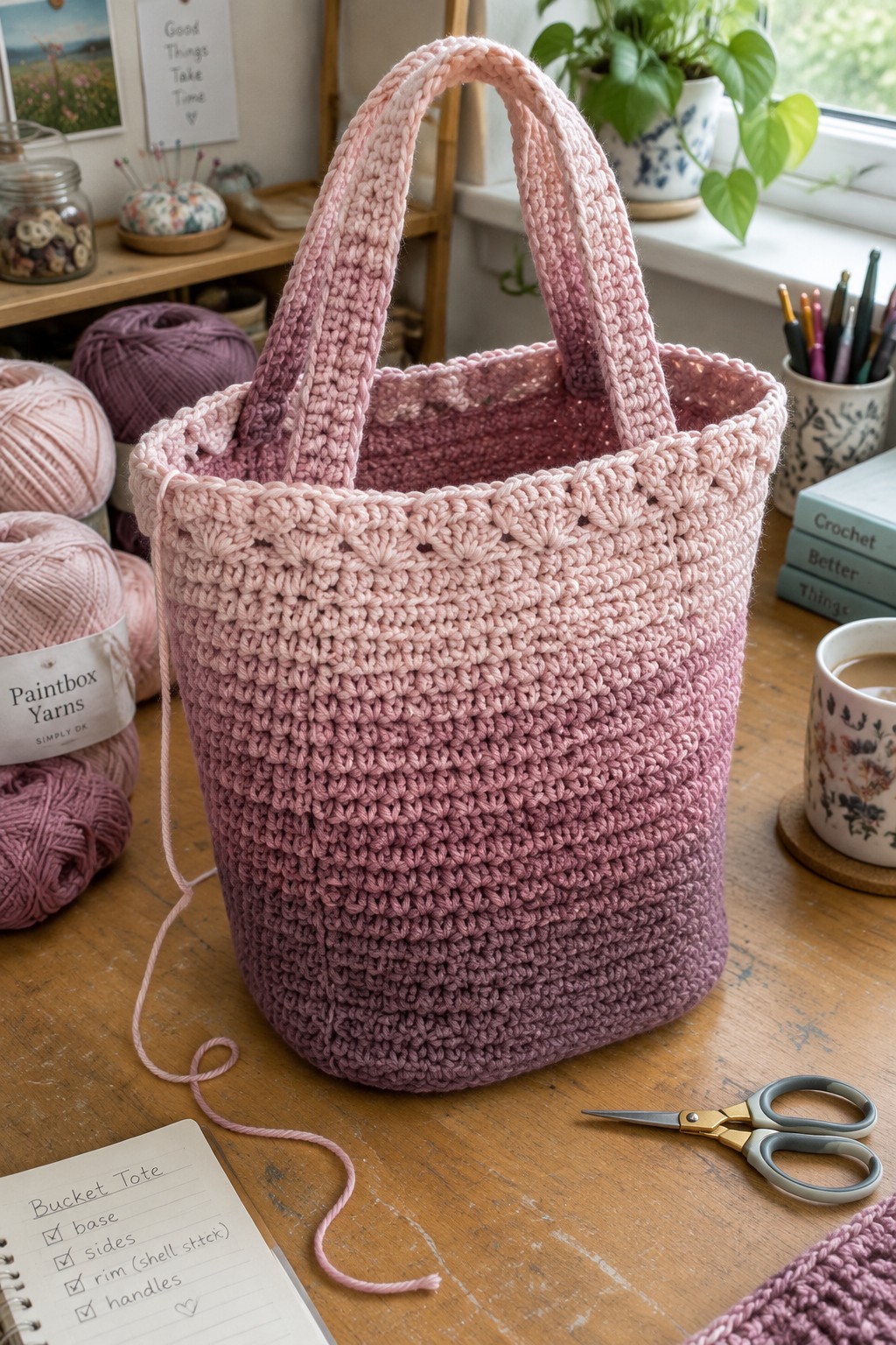Pink-purple ombre crocheted bucket tote on wooden table with yarns and scissors