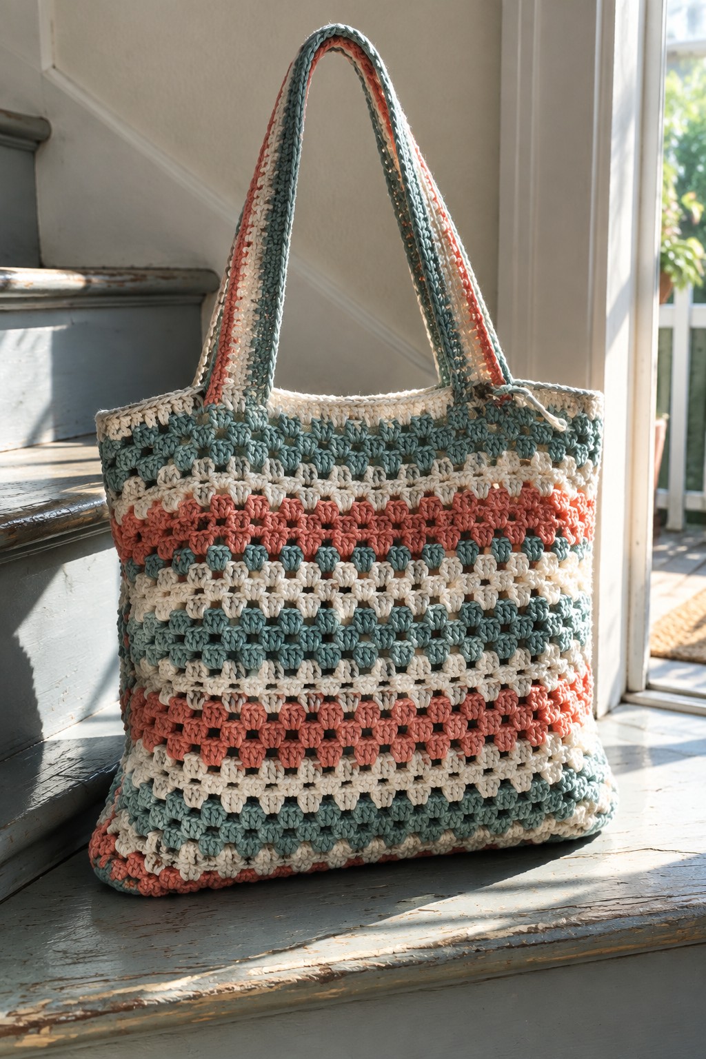 A crocheted tote bag with horizontal bands of granny square patterns in teal, coral, and cream sits on a wooden windowsill.