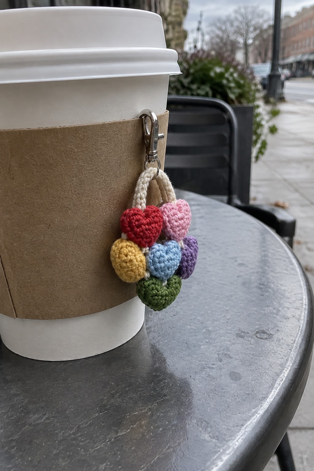 Rainbow crocheted hearts keychain clipped to white coffee cup on metal table
