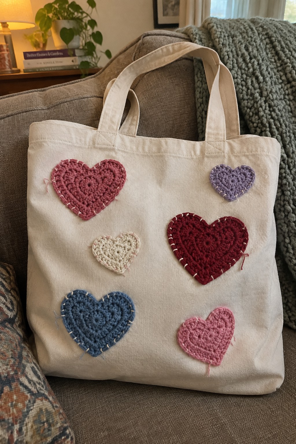 Canvas tote bag with colorful crocheted hearts sewn on it atop gray couch