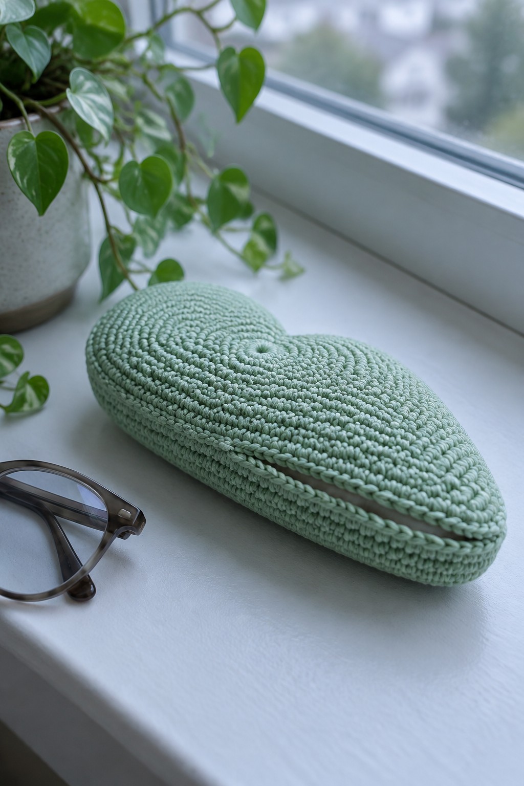 Mint green crocheted heart-shaped glasses case on windowsill with plant and spectacles