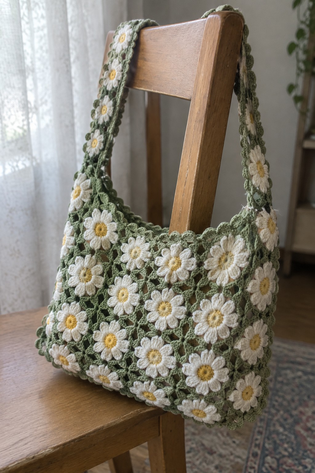 Green crocheted daisy bag draped over wooden chair back