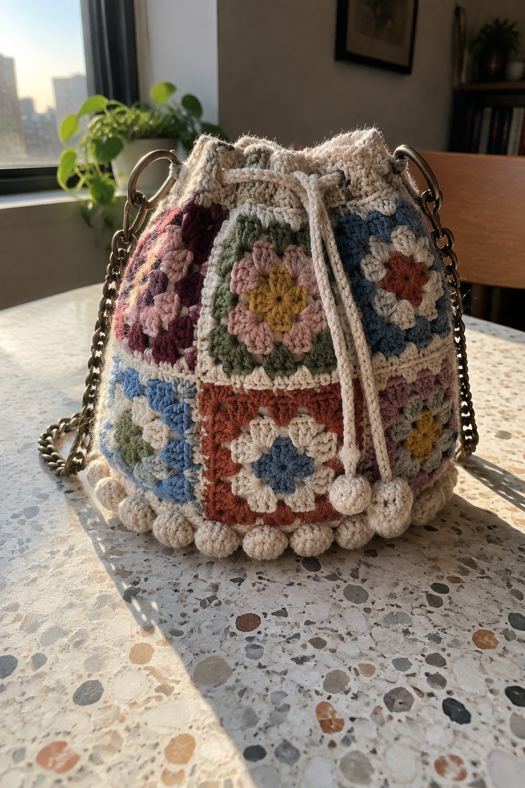 Colorful crocheted granny square bucket bag with chain strap and pom-pom trim on countertop
