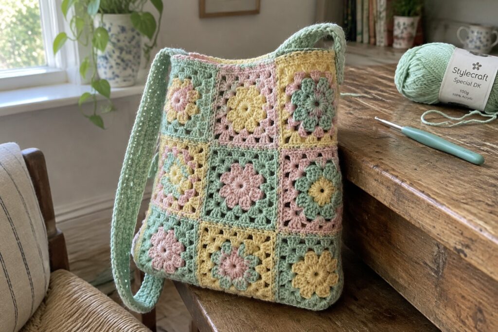 19 Colorful Granny Square Crochet Bags With Modular Motifs Pastel granny square crocheted bag on wooden table beside yarn and hook