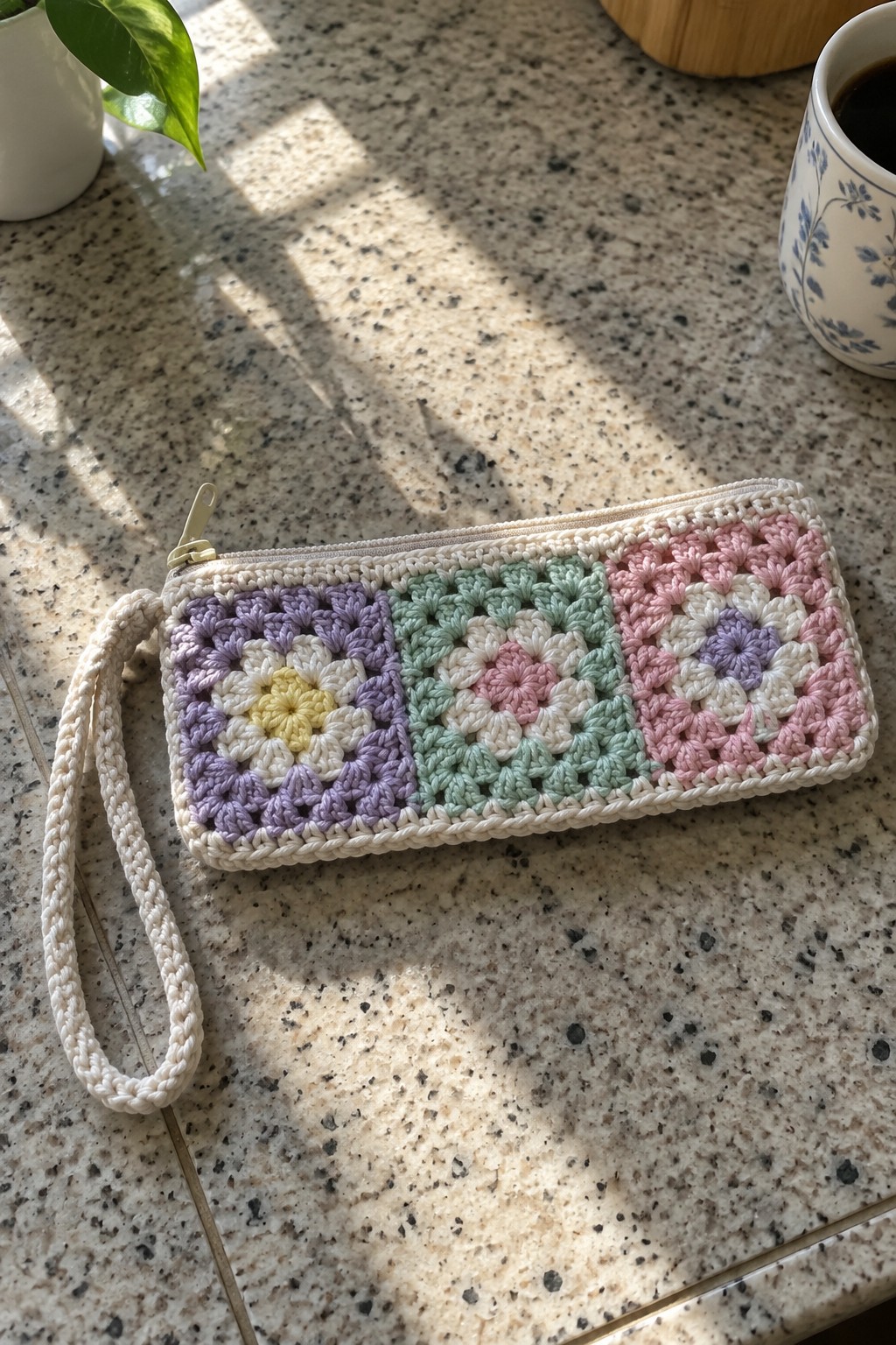 Pastel crocheted granny square zippered pouch with wrist strap on countertop
