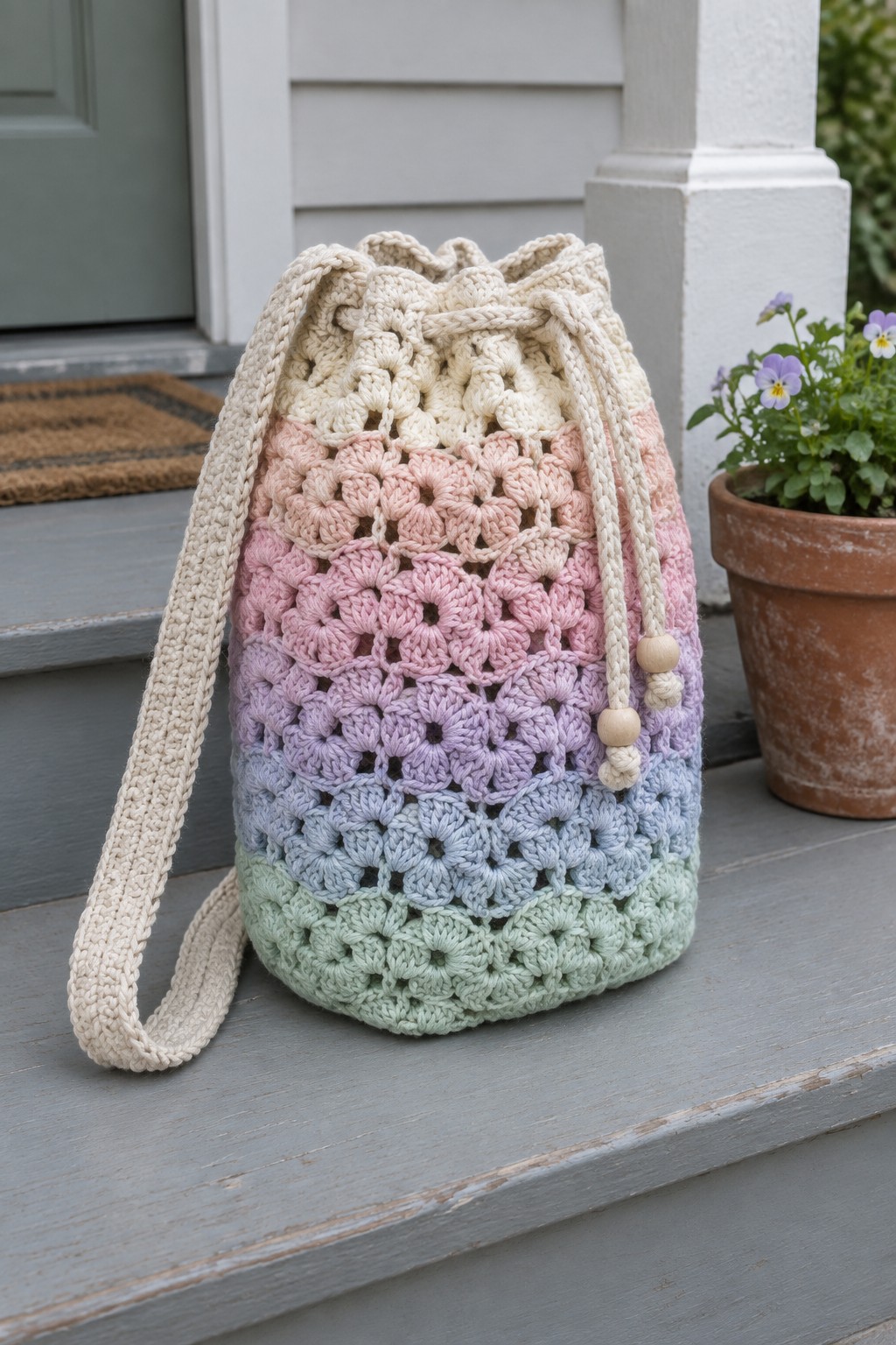 Pastel rainbow crocheted drawstring bag on gray wooden porch steps beside potted plant