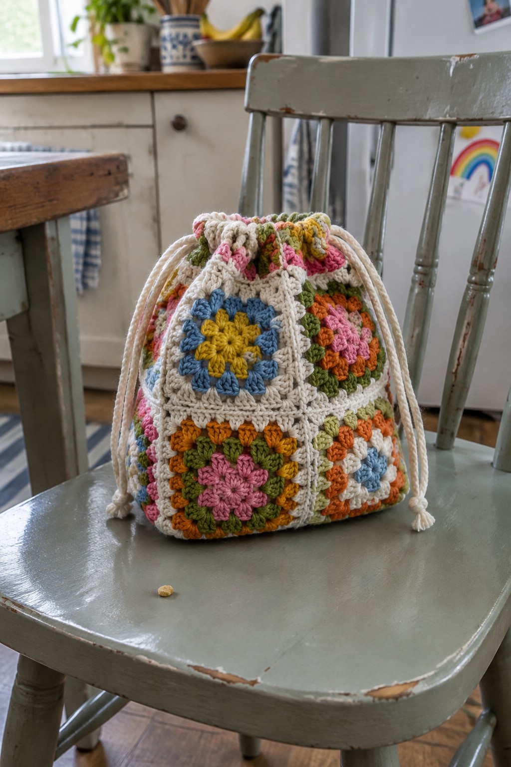Colorful crocheted granny square drawstring bag on a faded green wooden chair