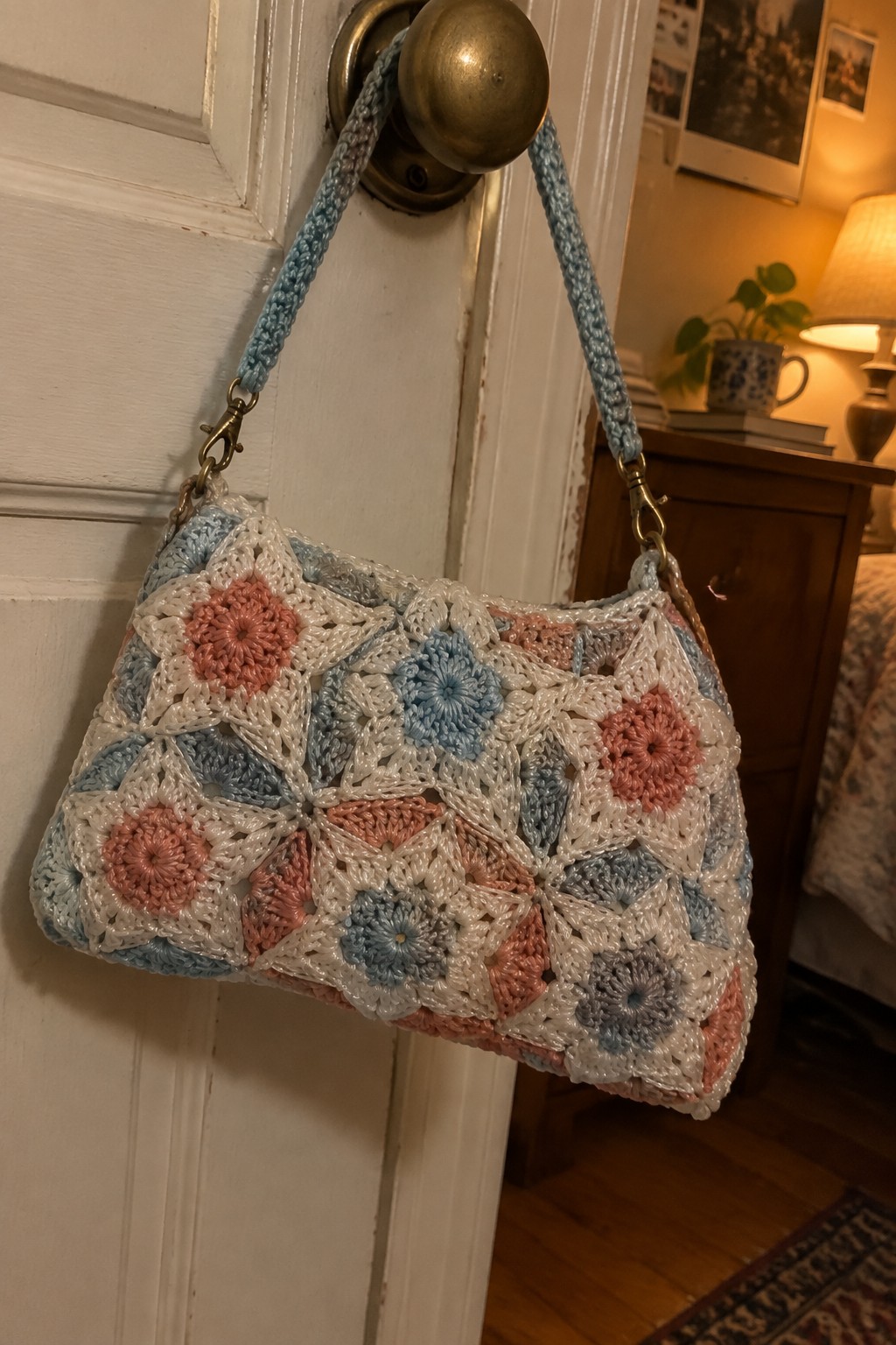 Colorful crocheted granny square handbag hanging from a brass doorknob on a white door.