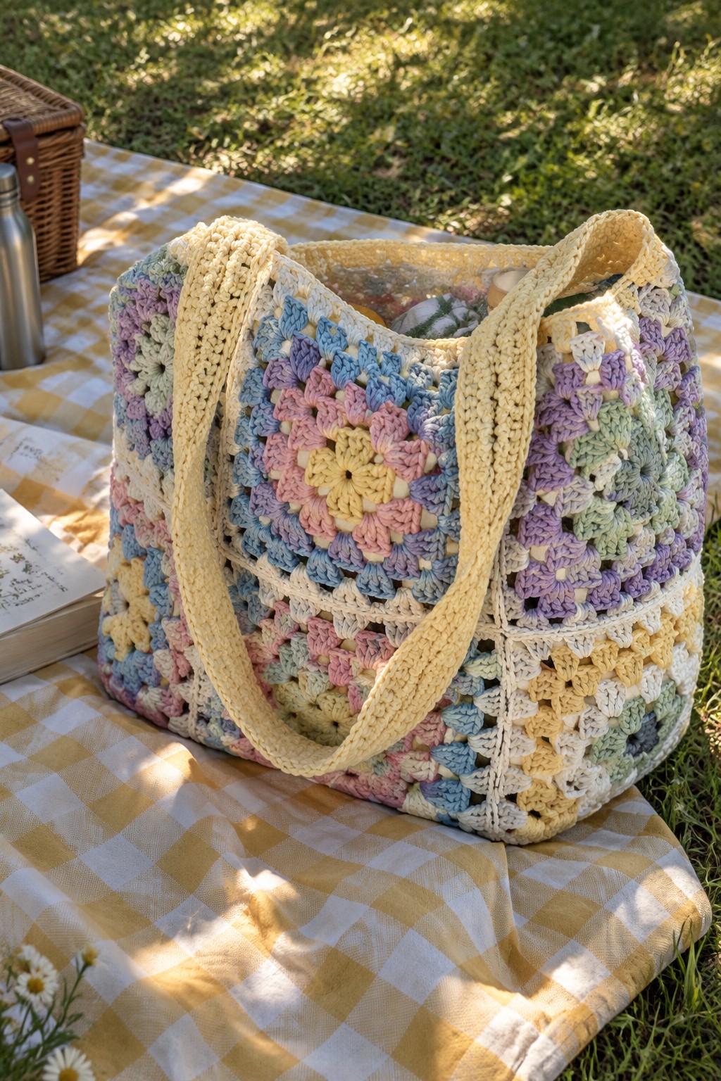 A multicolored crocheted tote bag made of granny squares rests on a yellow gingham picnic blanket outdoors.