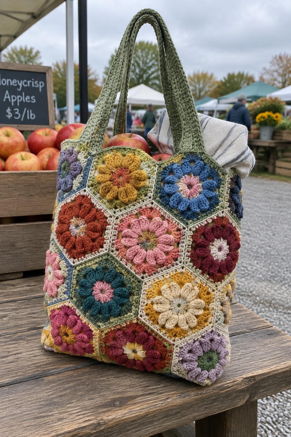 Colorful crocheted granny square tote bag on wooden farmers market table