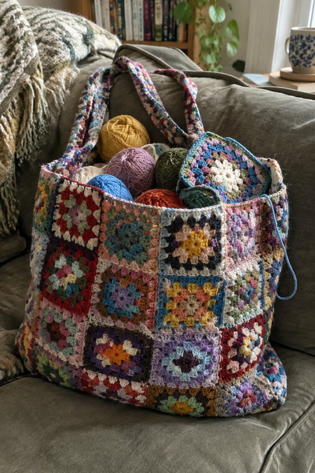 Colorful granny square crochet tote bag filled with yarn skeins on gray couch