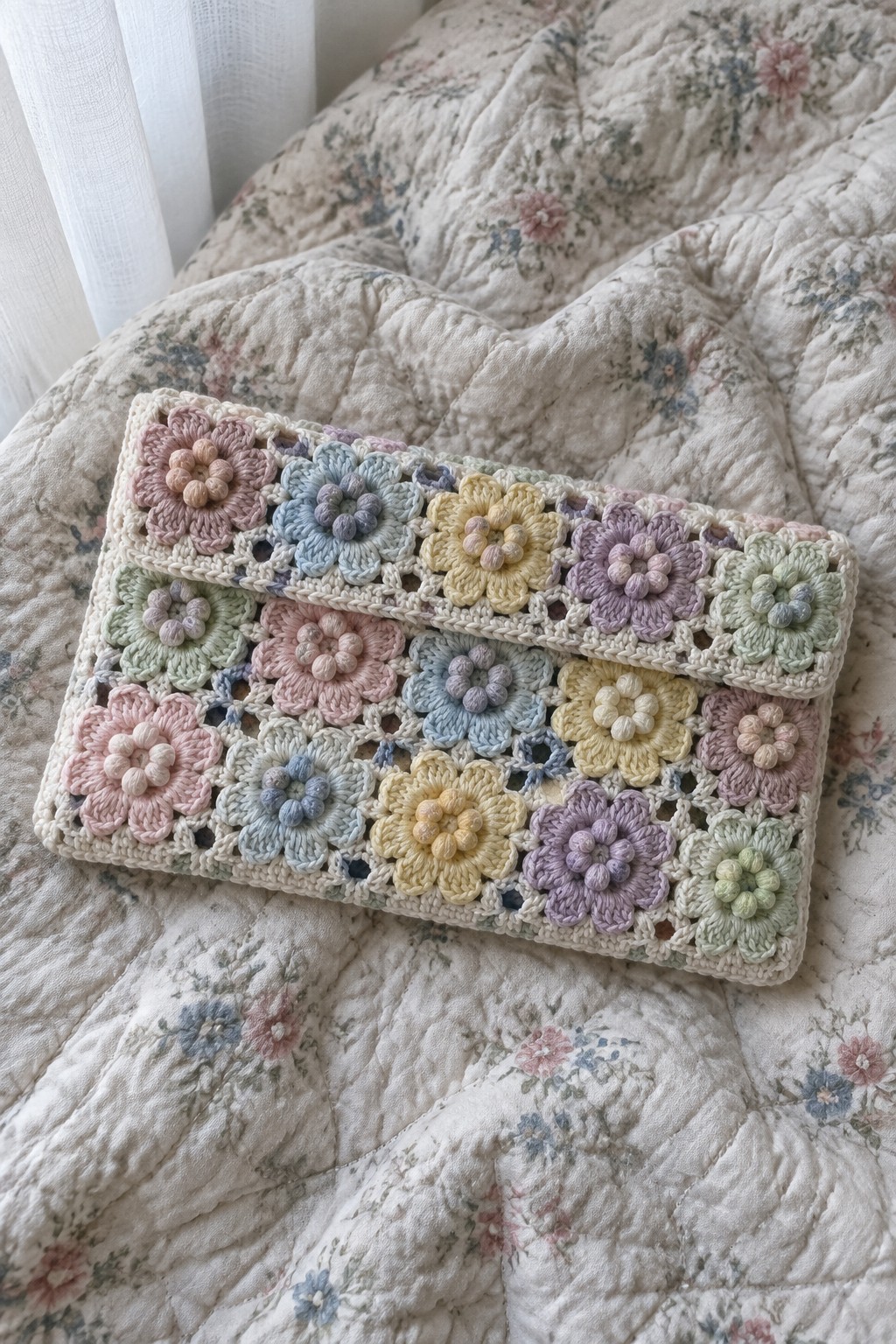 Pastel crocheted floral clutch purse on a quilted bedspread