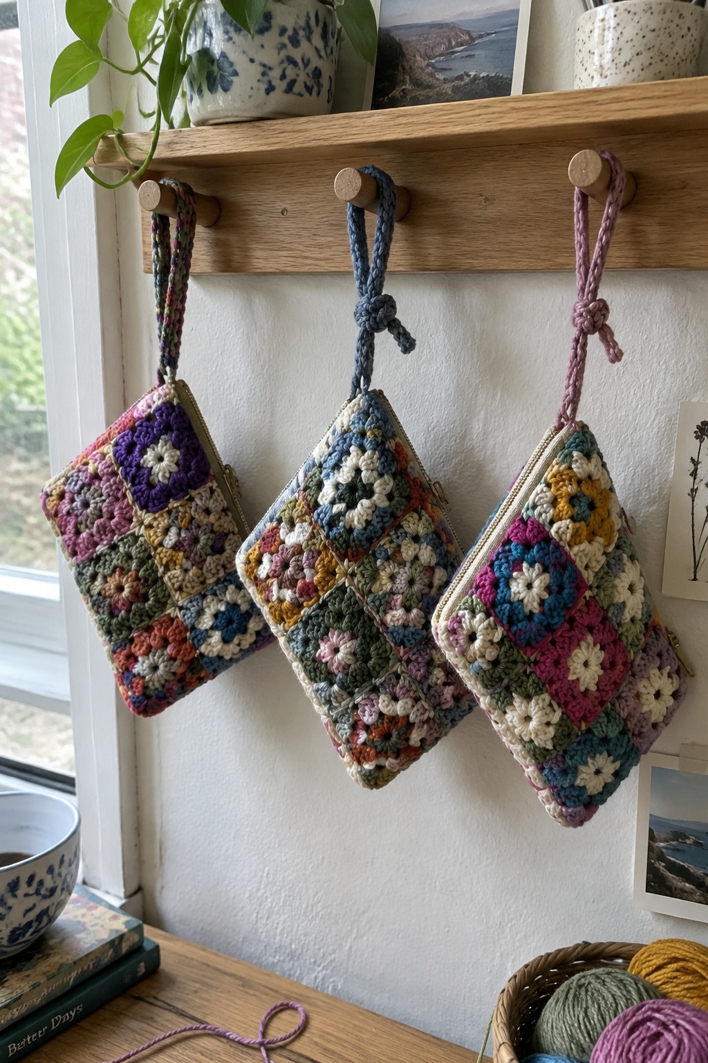 Three colorful granny square crochet pouches hanging from wooden pegs on a shelf.