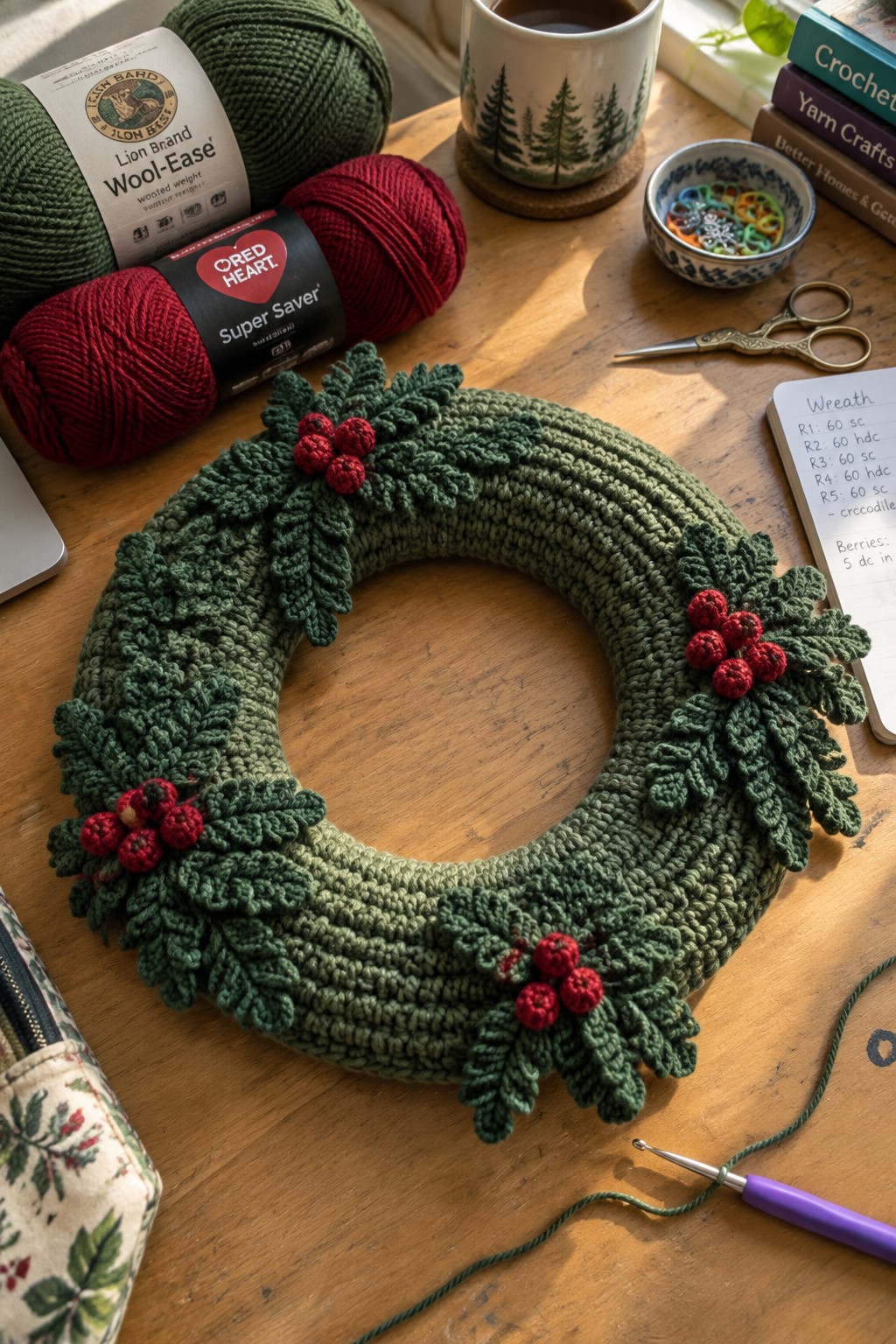 Green crocheted Christmas wreath with red berries amid yarn, hooks, and supplies on table