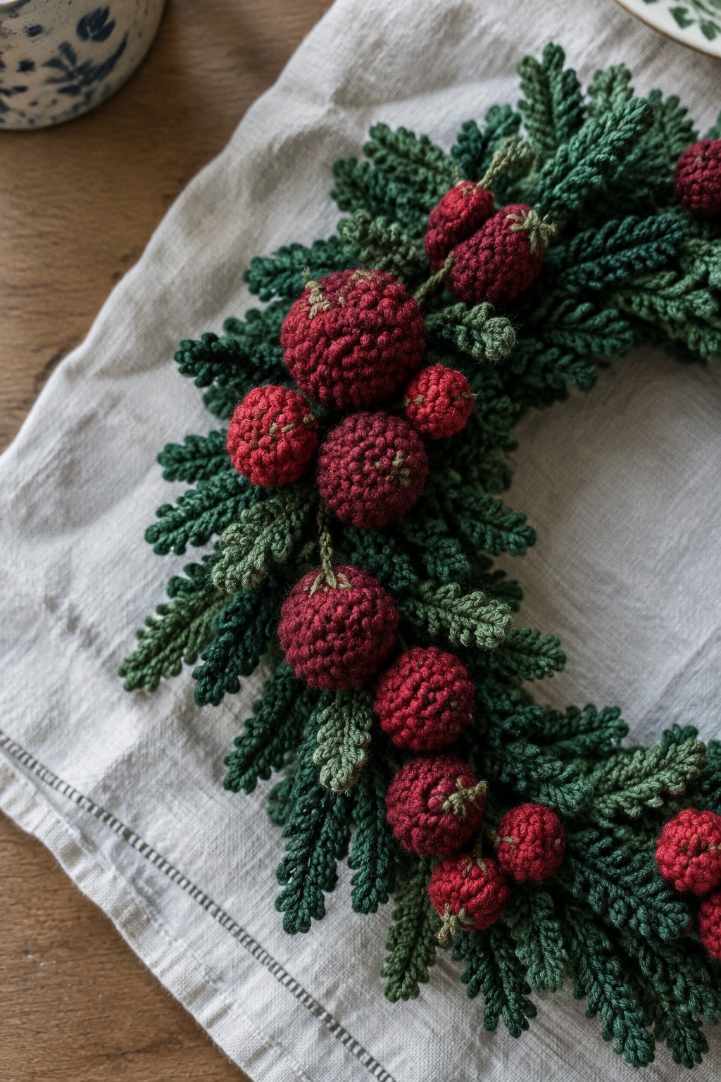 Crocheted wreath with red berries and green leaves on white linen cloth