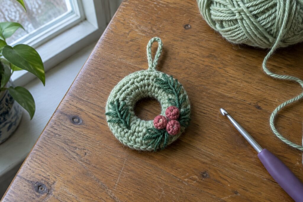 20 Cozy Christmas Crochet Wreaths Featuring Evergreen and Berry Motifs Crocheted green wreath with pink berries on wooden table beside yarn and hook