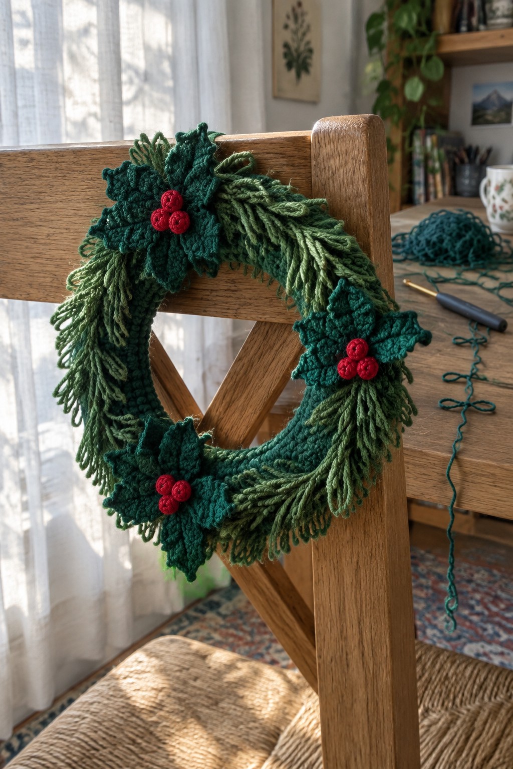 Green crocheted wreath with holly leaves and red berries on wooden chair