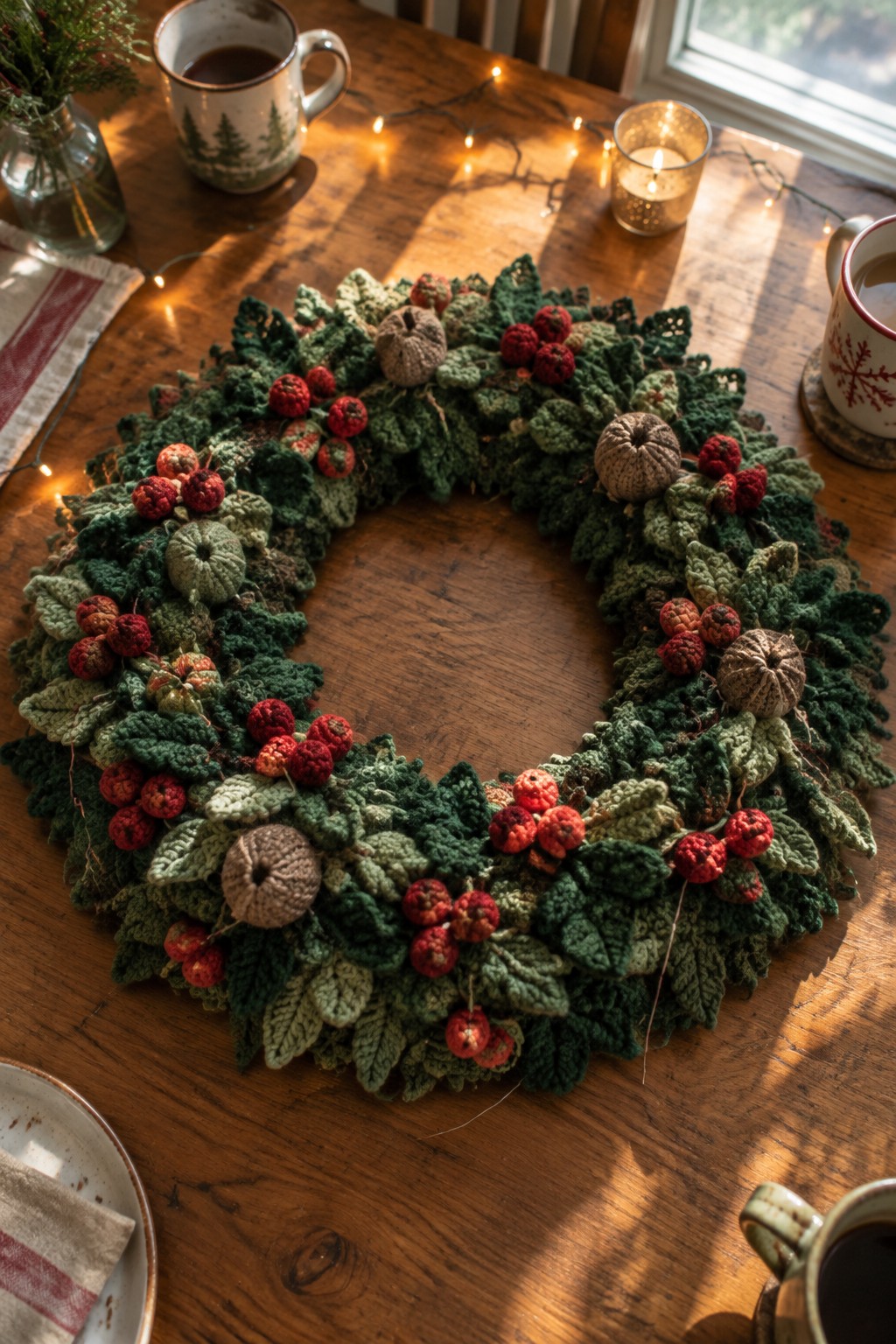 Crocheted green wreath with red berries and brown pumpkins on wooden table