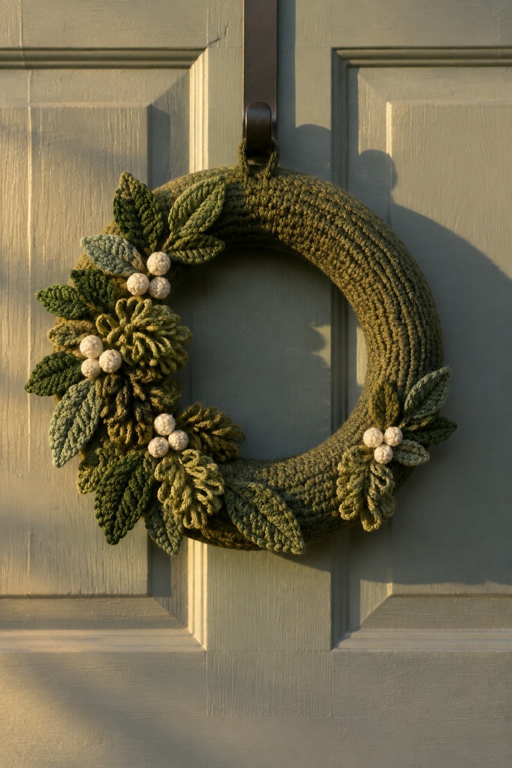 Crocheted green wreath with leaves and white berries on a paneled door