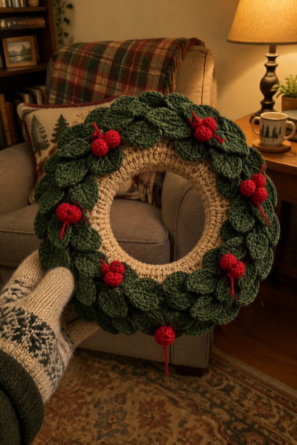Hand in patterned mitten holding crocheted green wreath with red berries.