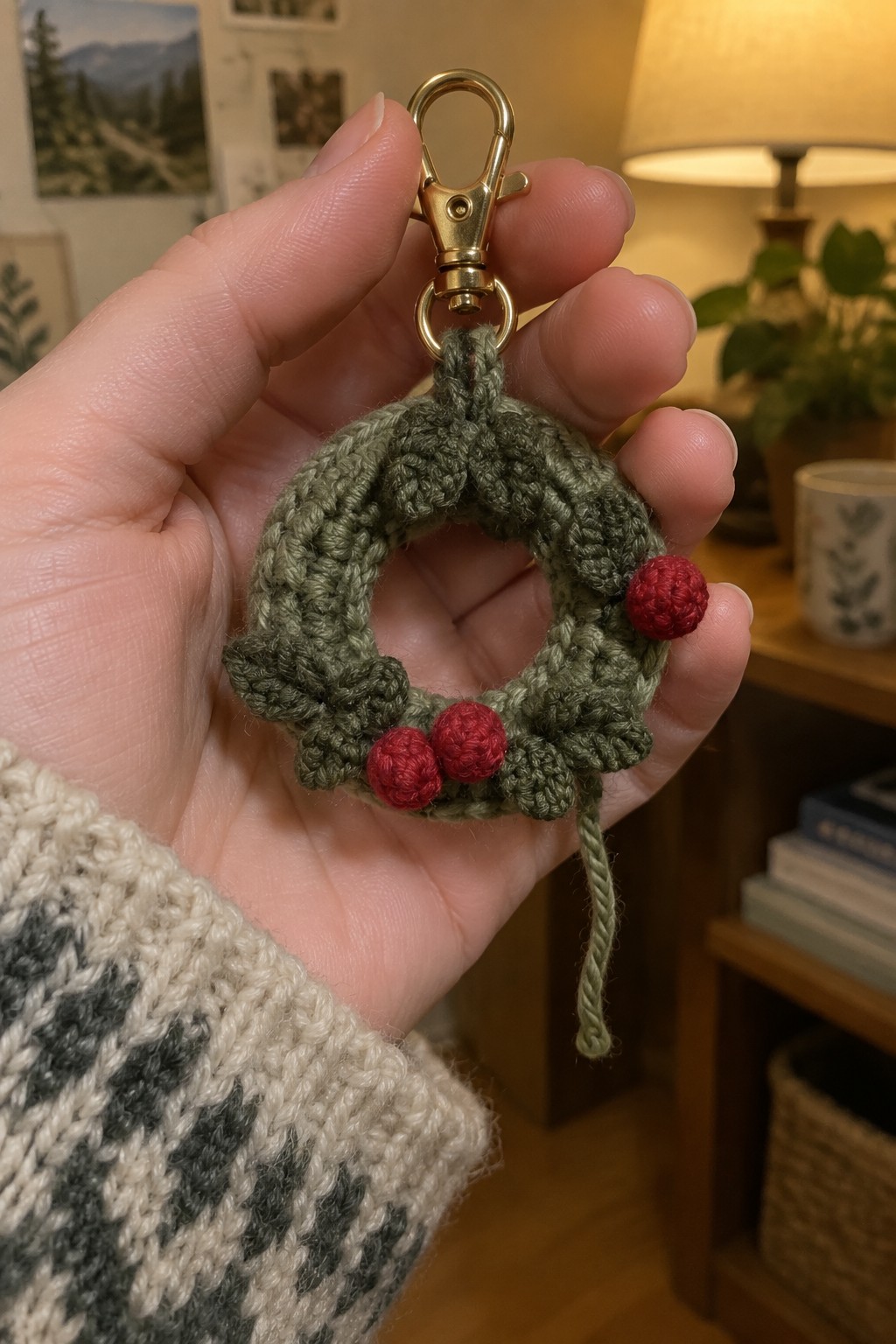 Hand in patterned sweater holds green crocheted wreath keychain with red berries and gold clasp.