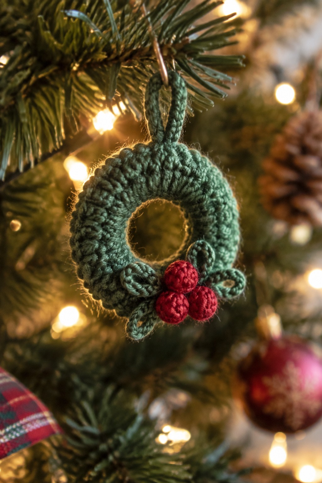 Green crocheted wreath ornament with red berries on lit Christmas tree branch