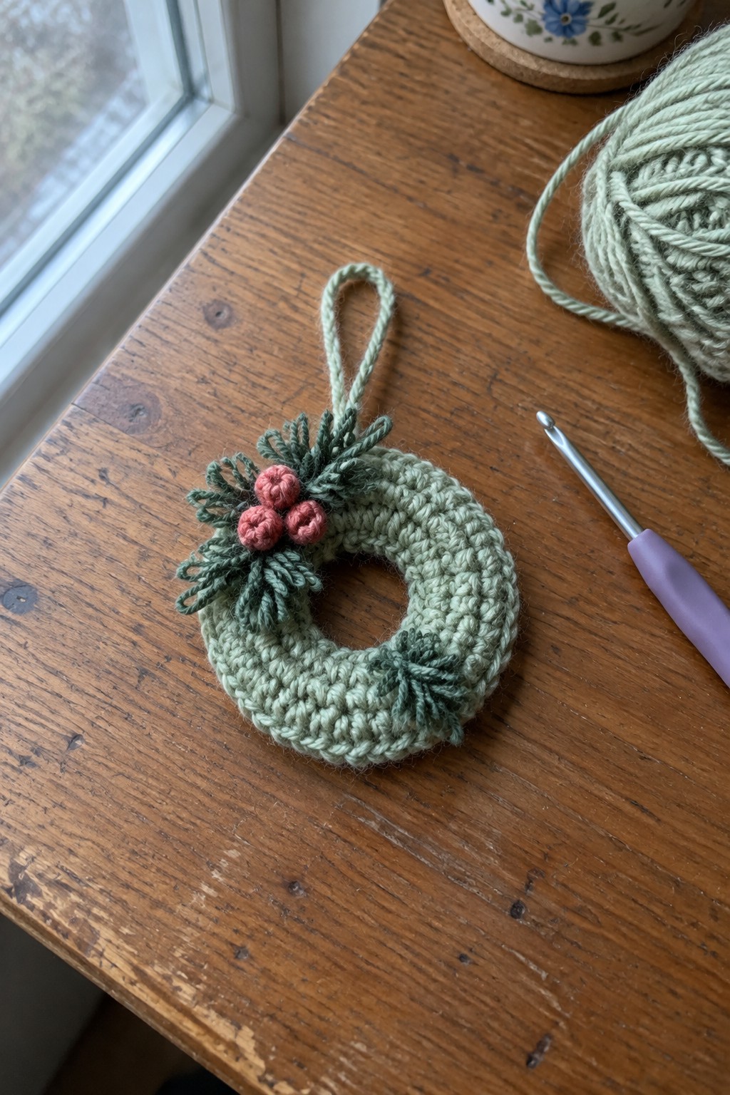 Crocheted green wreath with pink berries on wooden table beside yarn and hook