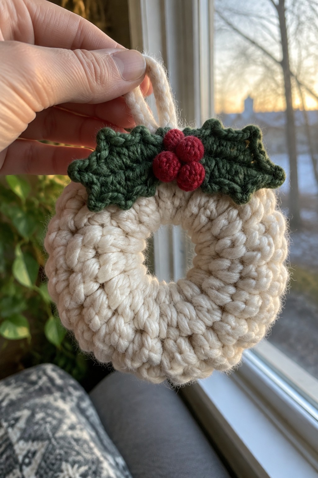 Hand holding cream crocheted wreath with green holly leaves and red berries by window