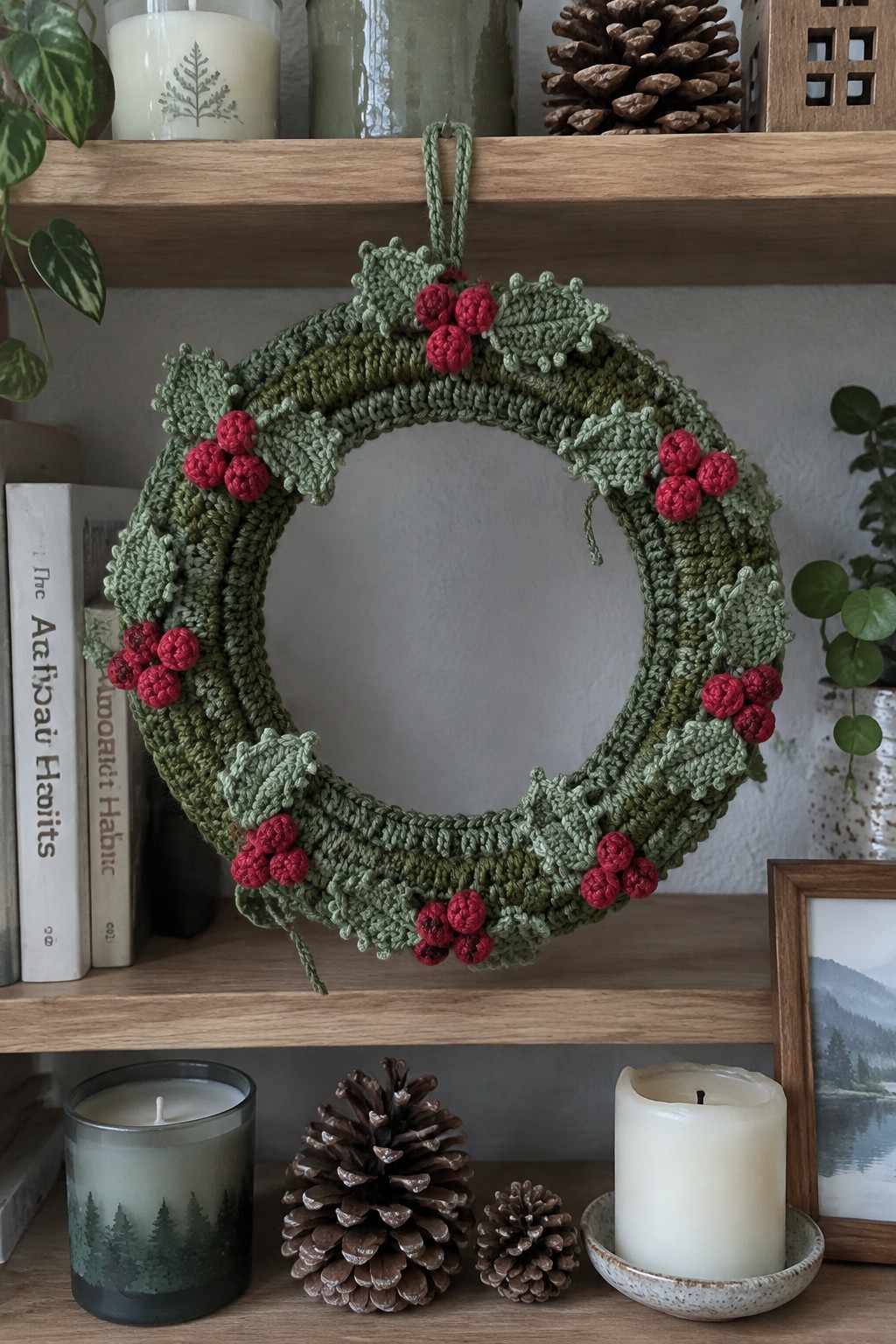 Green crocheted wreath with red berries hanging on rustic wooden shelf