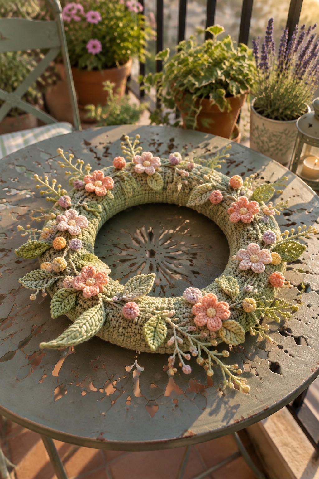 Crocheted green wreath with pink flowers on a weathered metal table outdoors