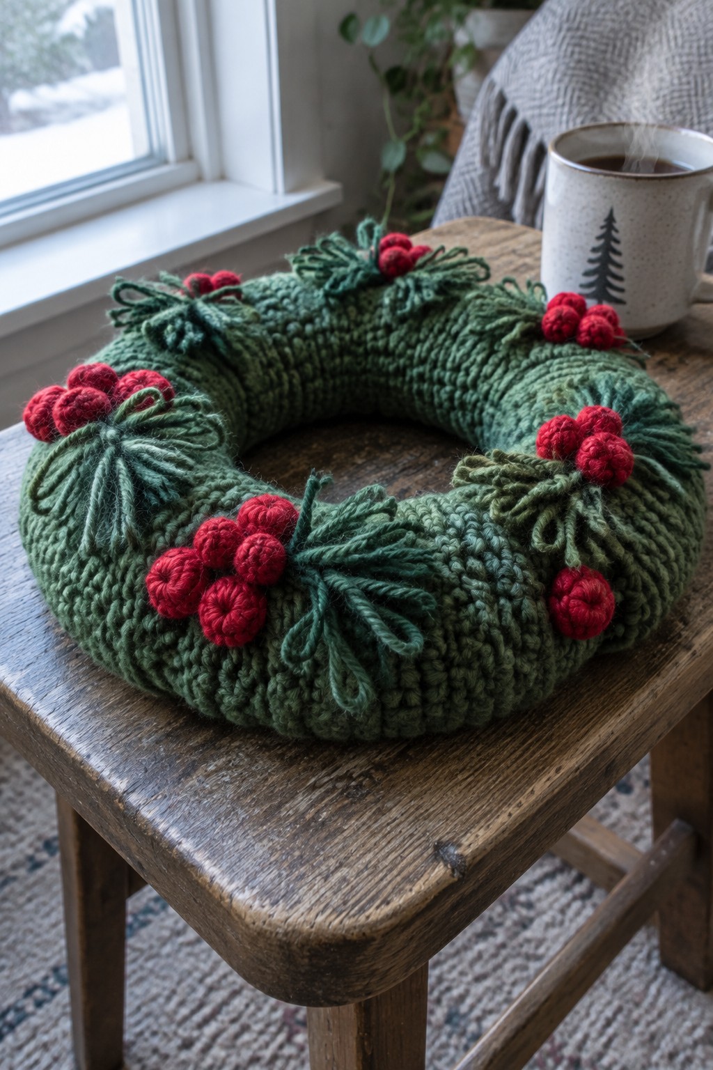 Green knitted wreath with red berries on wooden table beside tree mug