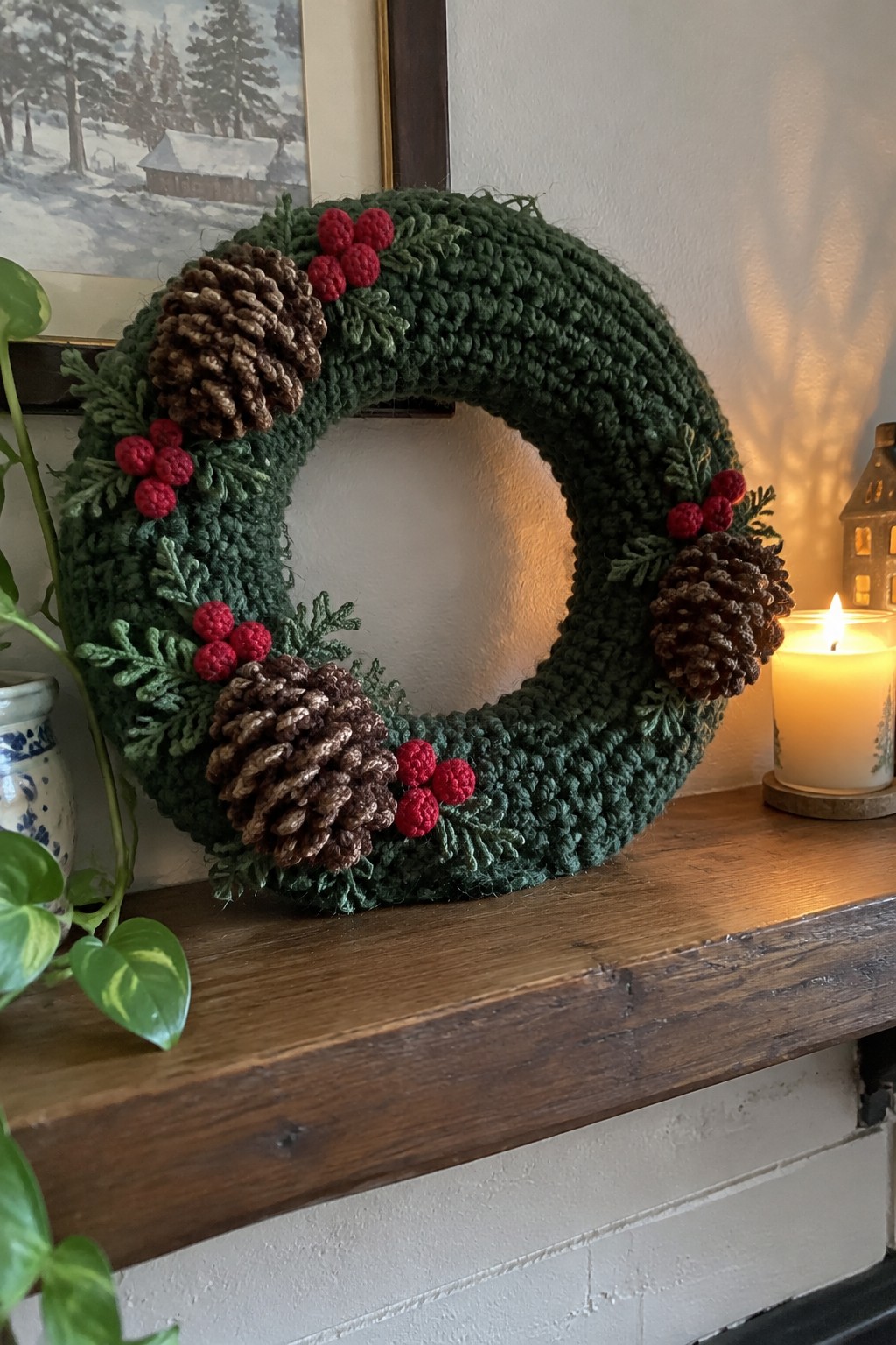 Green crocheted Christmas wreath with pinecones and red berries on wooden mantel beside lit candle.