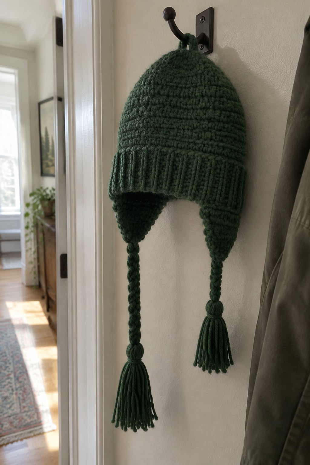Green knitted hat with ear flaps and long tassels on black wall hook.