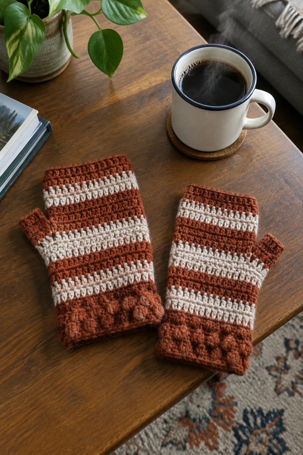 Striped knitted fingerless mittens beside steaming coffee mug on wooden table with plant.