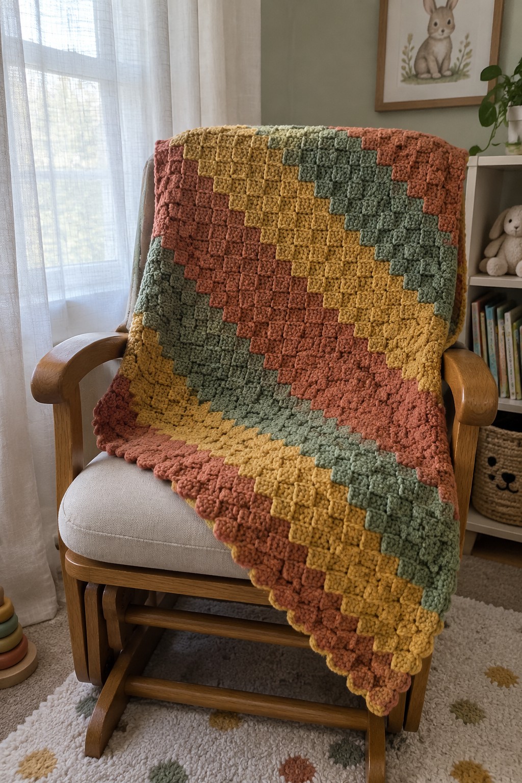 Colorful geometric crochet blanket draped over wooden rocking chair in nursery