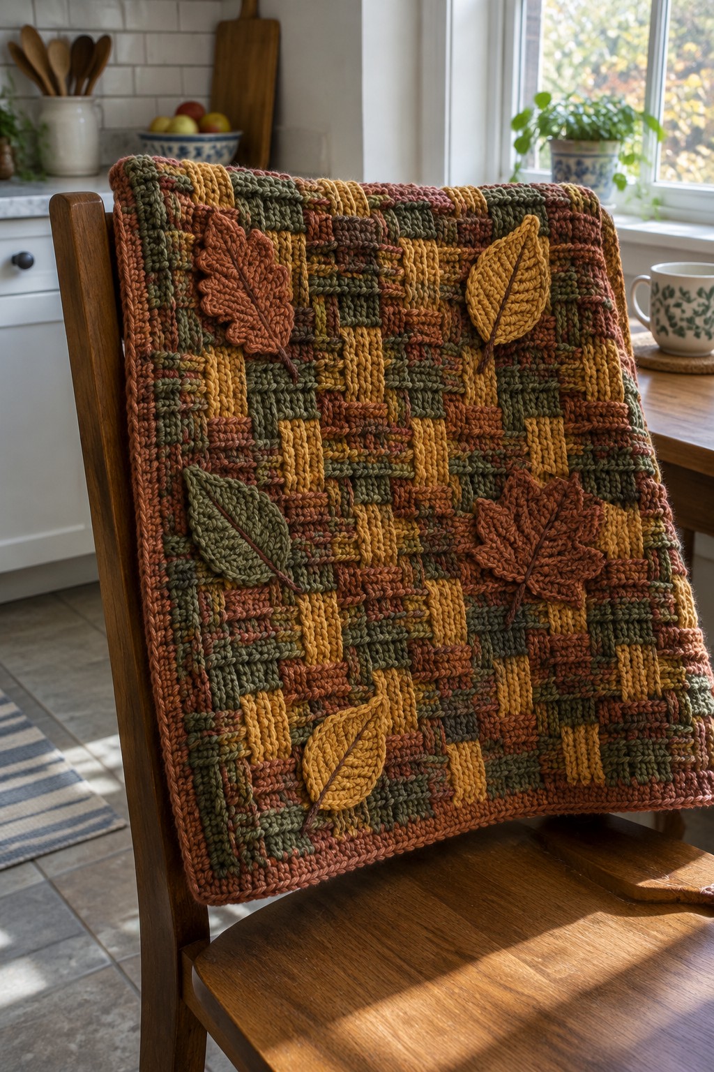 Knitted autumn-colored blanket with leaf appliques draped over wooden chair