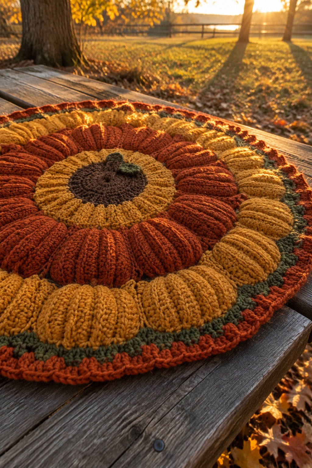 Knitted circular pumpkin mat in autumn orange and yellow on wooden picnic table