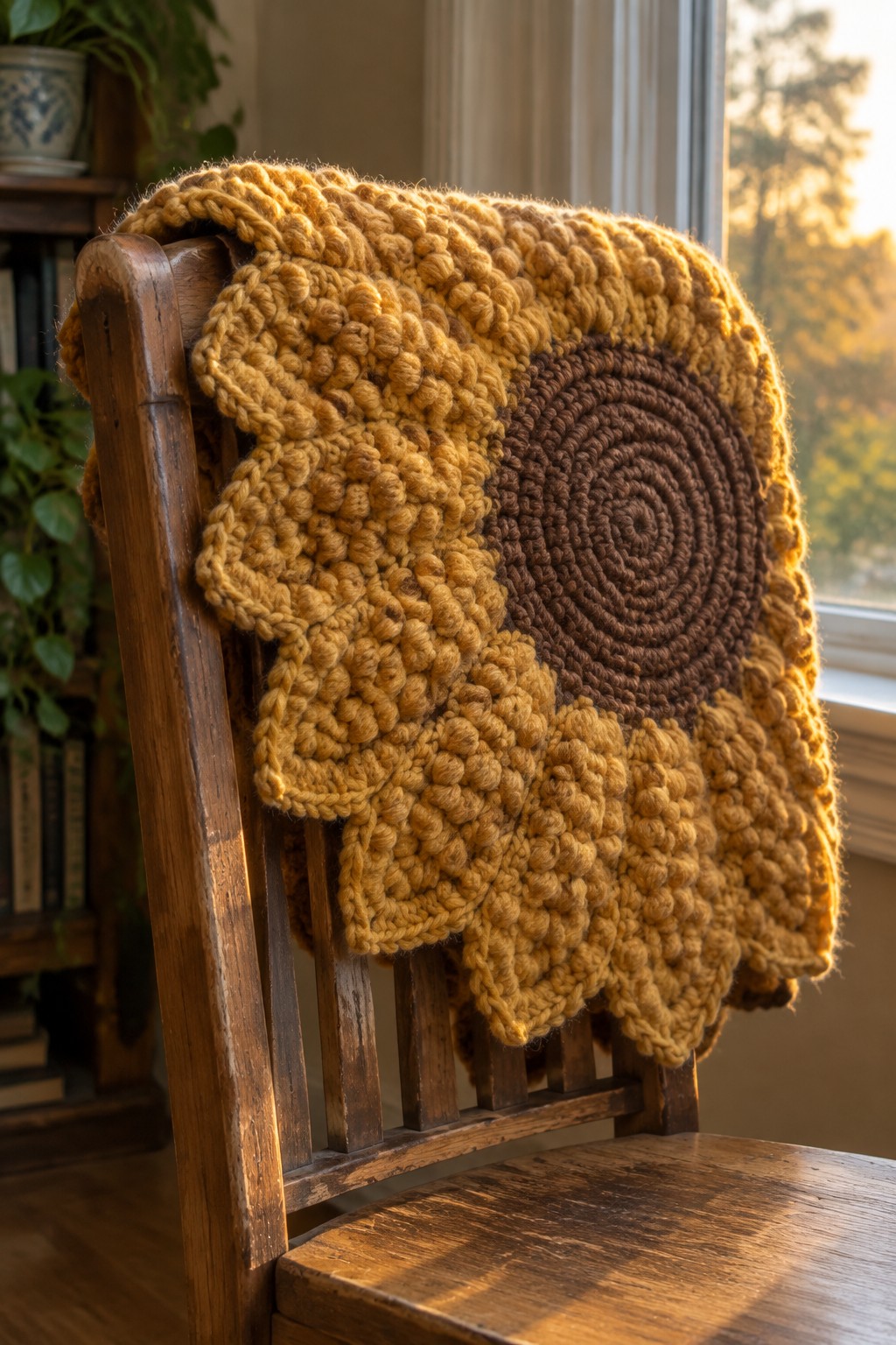 Yellow crocheted sunflower blanket draped over wooden chair in warm sunlight.