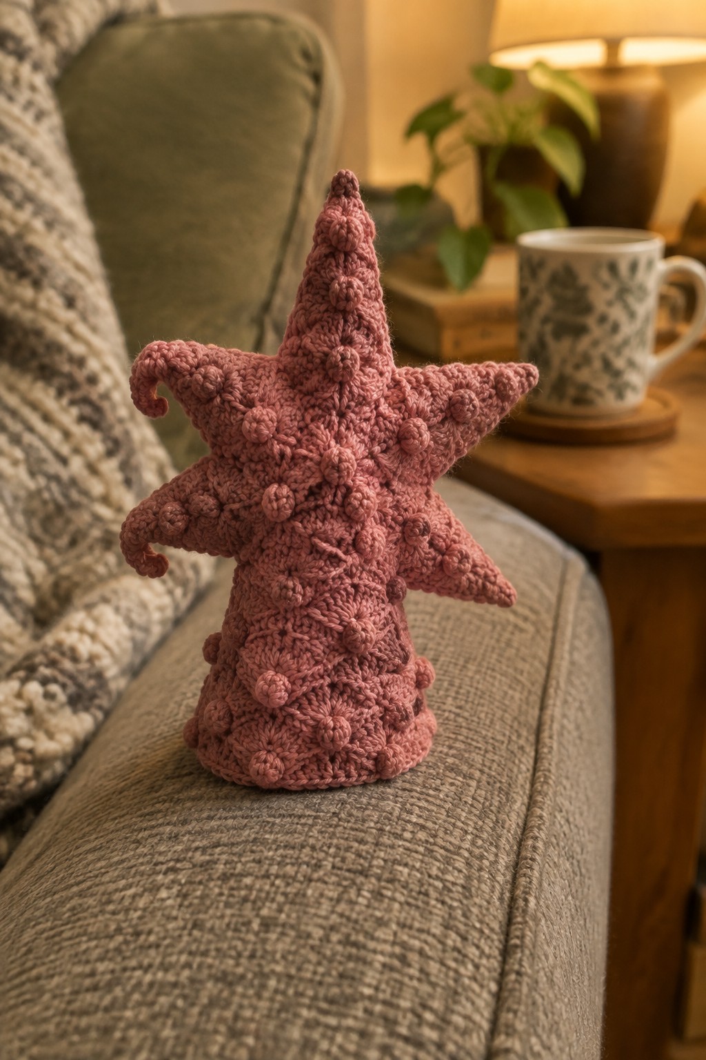 Pink crocheted star with bobble stitches on a gray textured couch