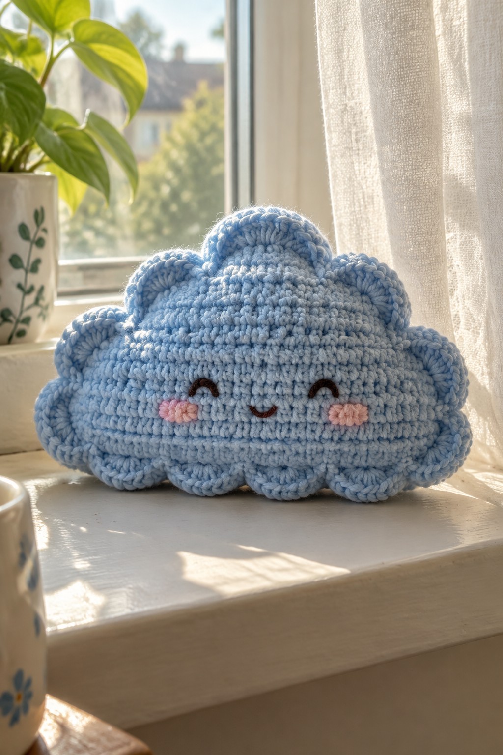 Blue crocheted cloud plush with smiling face on sunny windowsill by plant